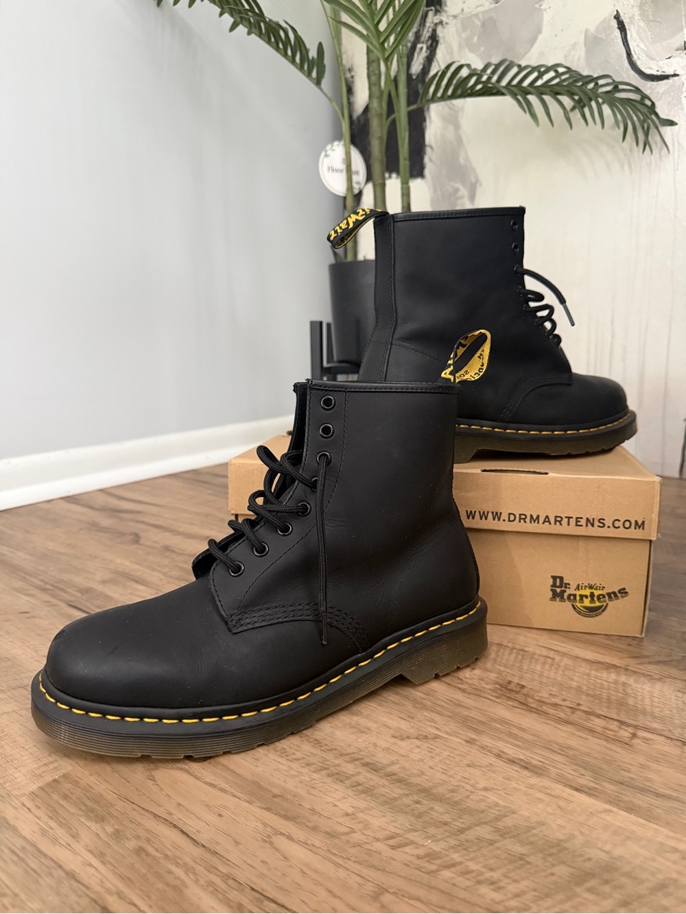 Dr. Martens Black Leather 8-Eye Lace-Up Boots with Yellow Stitching